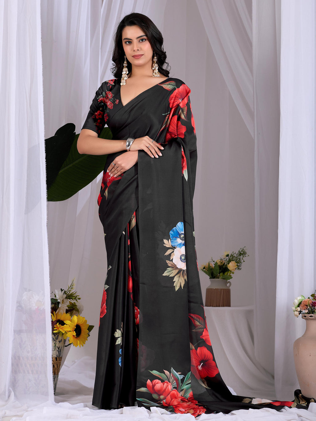 Aastha Fashion Black Soft Satin Georgette Printed Saree | Grocsy