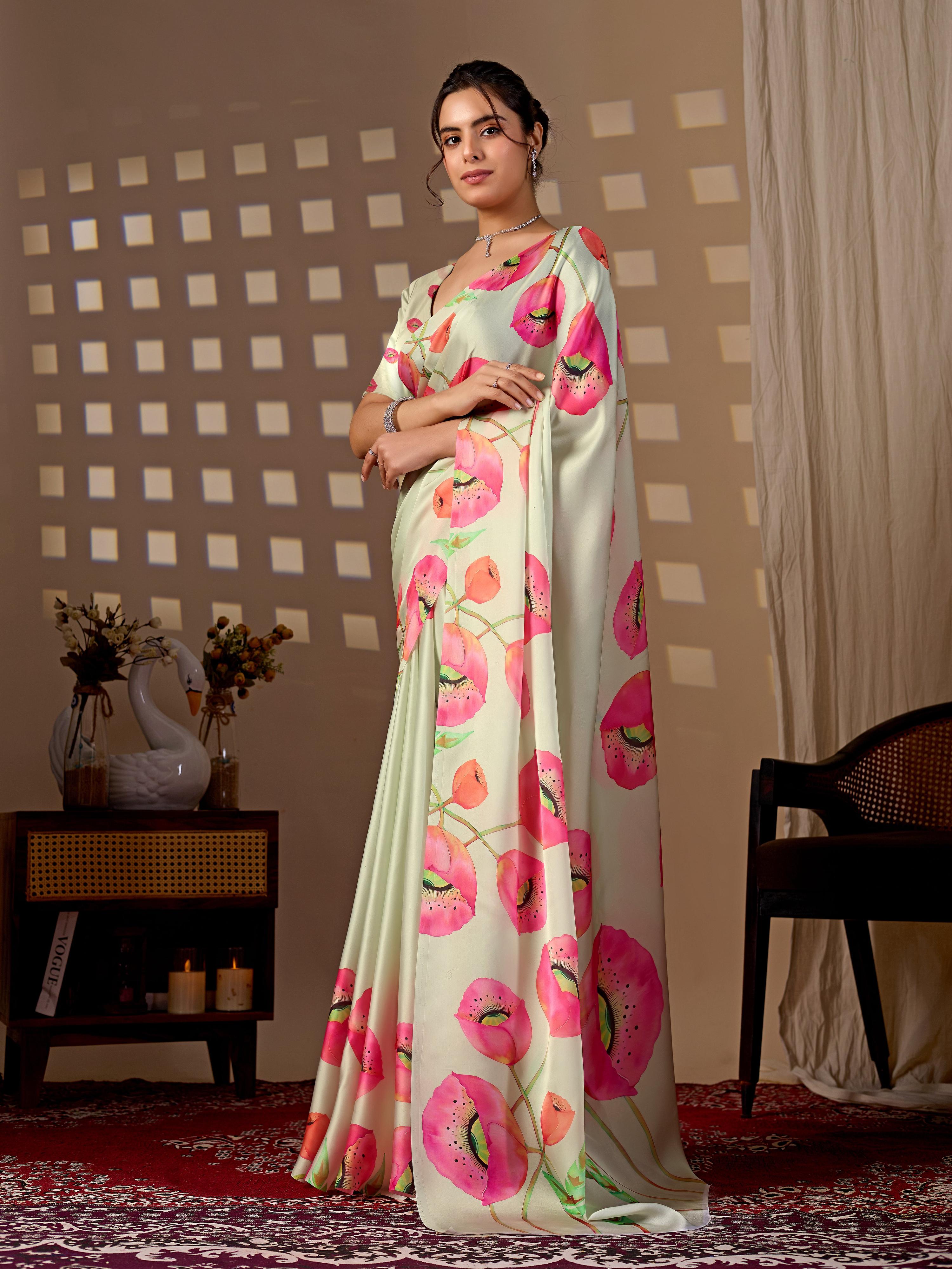 Aastha Fashion Pista Soft Satin Georgette Printed Saree | Grocsy