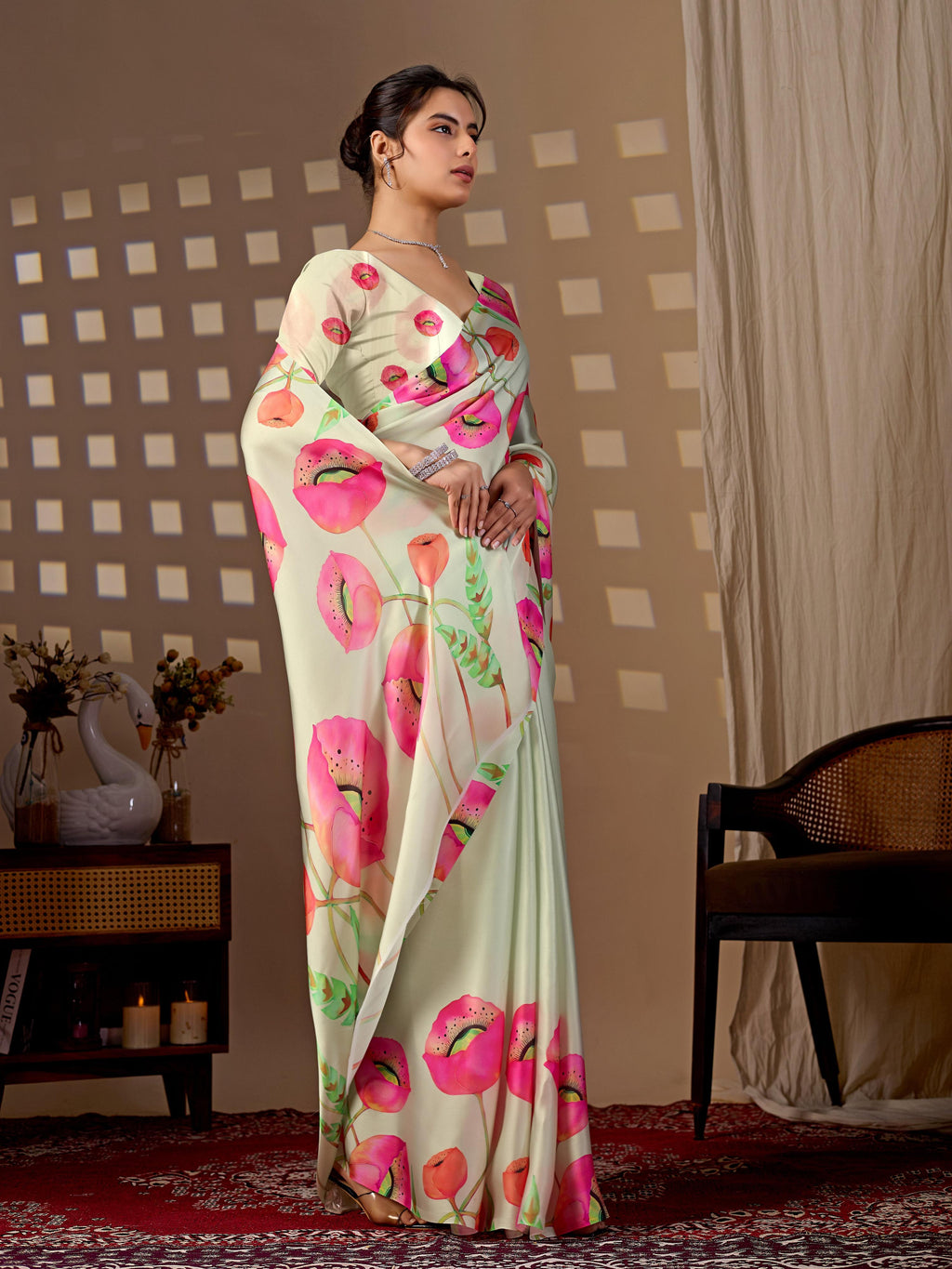 Aastha Fashion Pista Soft Satin Georgette Printed Saree | Grocsy