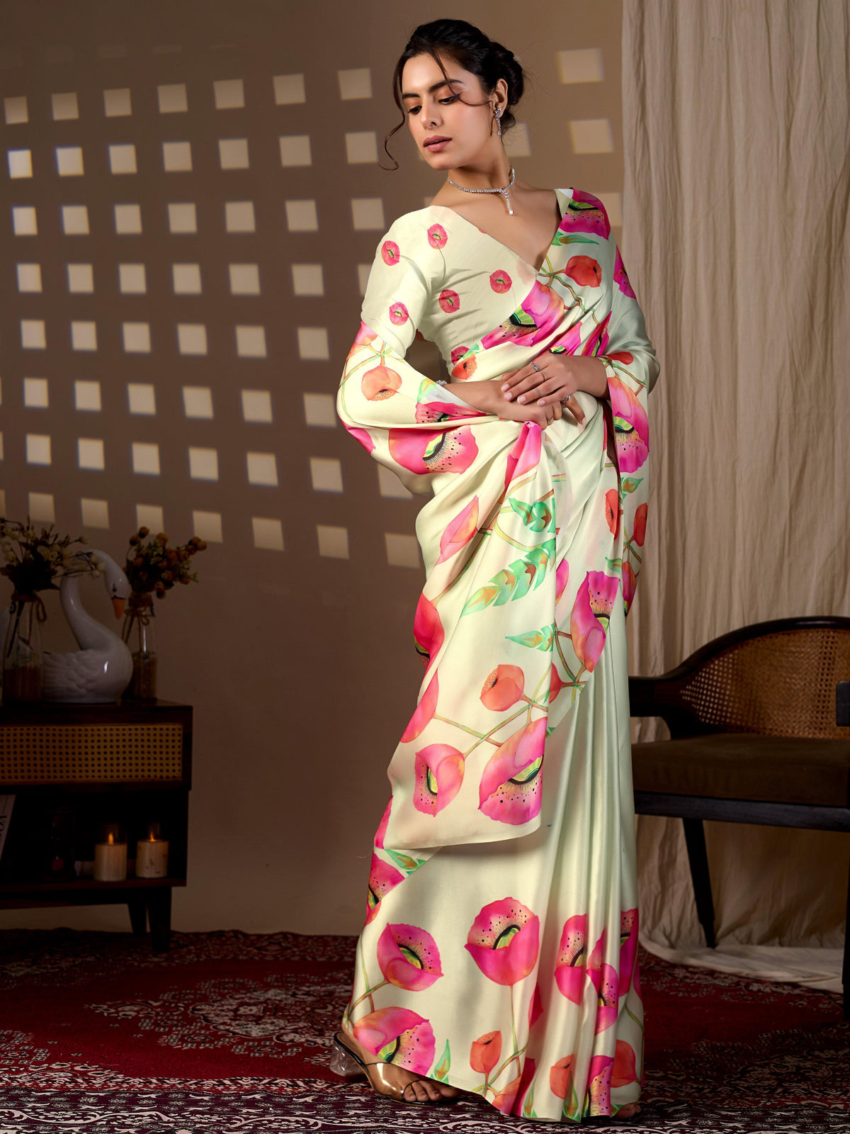 Aastha Fashion Pista Soft Satin Georgette Printed Saree | Grocsy