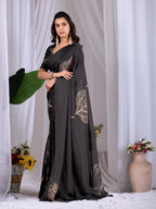 Aastha Fashion Black Soft Satin Georgette Printed Saree | Grocsy