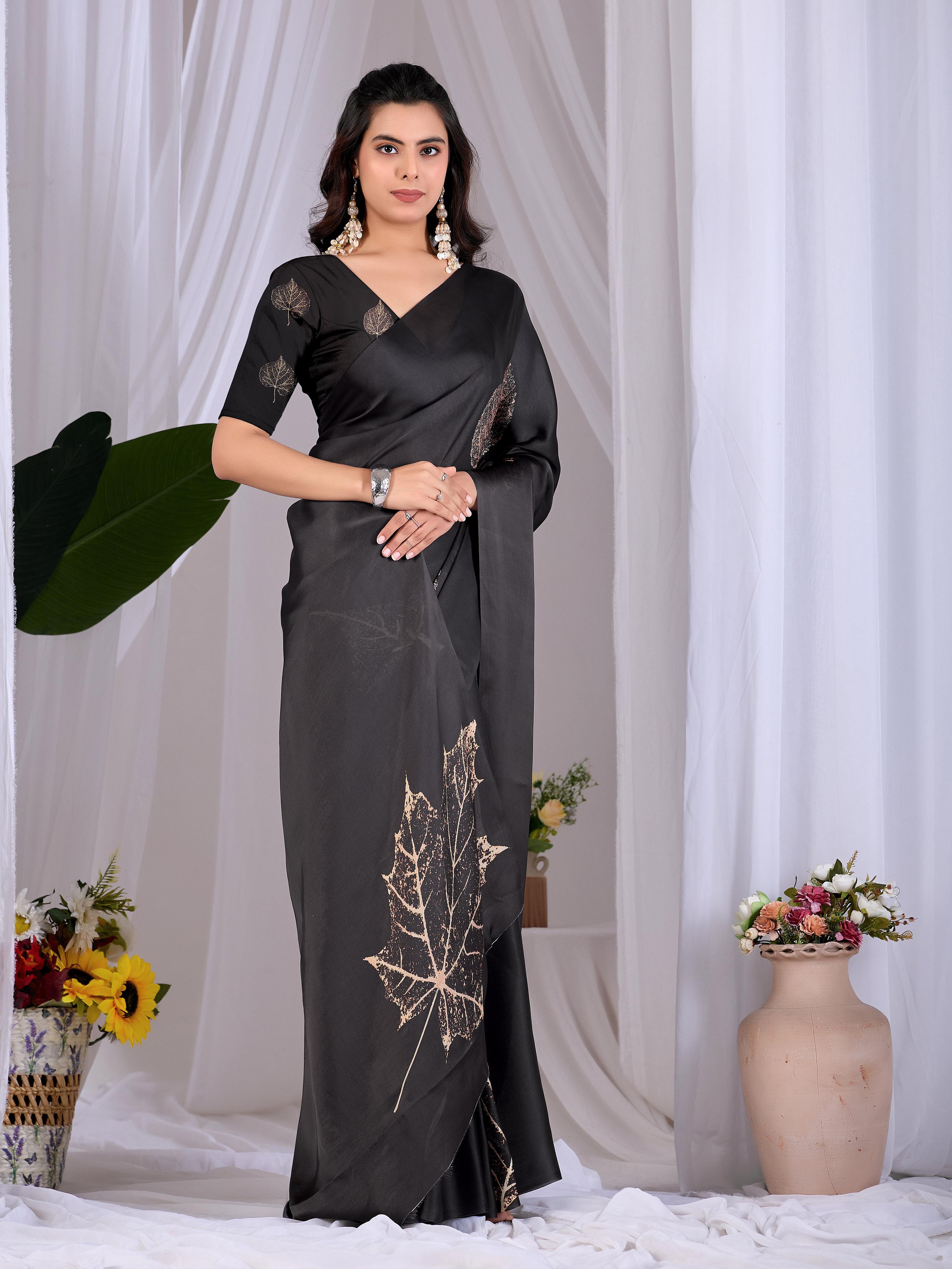 Aastha Fashion Black Soft Satin Georgette Printed Saree | Grocsy