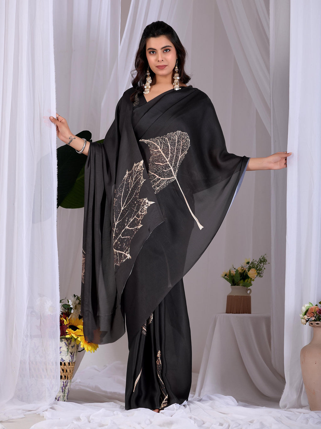 Aastha Fashion Black Soft Satin Georgette Printed Saree | Grocsy