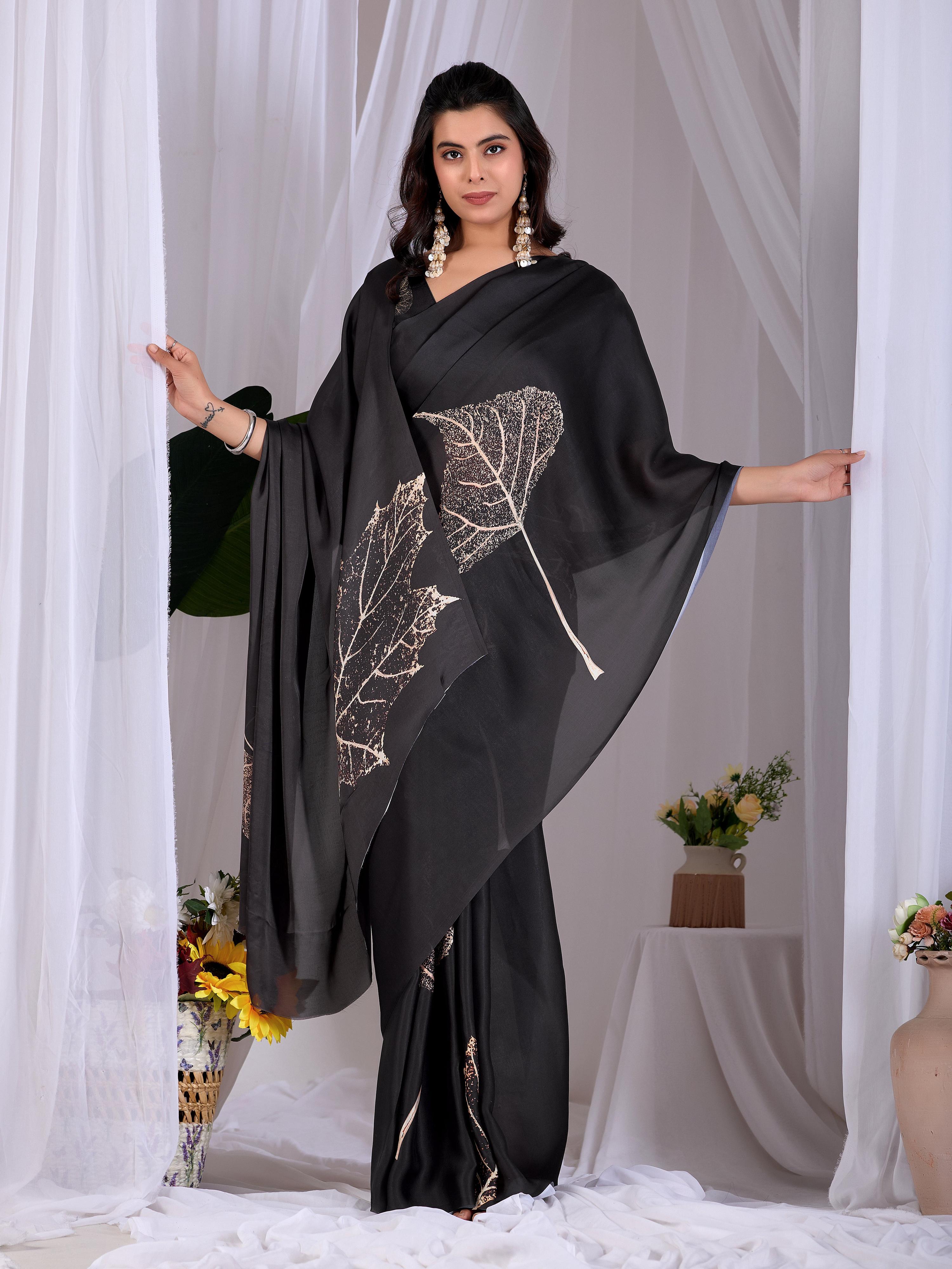 Aastha Fashion Black Soft Satin Georgette Printed Saree | Grocsy
