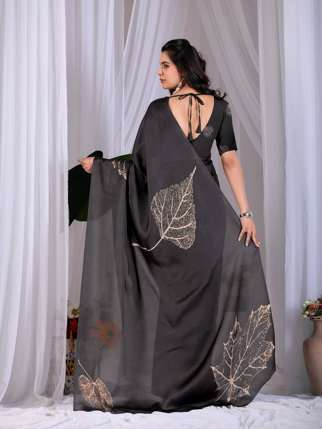 Aastha Fashion Black Soft Satin Georgette Printed Saree | Grocsy