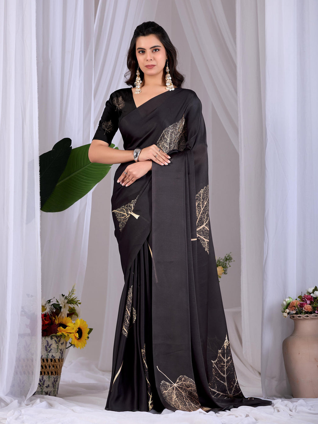Aastha Fashion Black Soft Satin Georgette Printed Saree | Grocsy