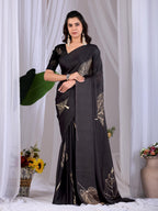 Aastha Fashion Black Soft Satin Georgette Printed Saree | Grocsy