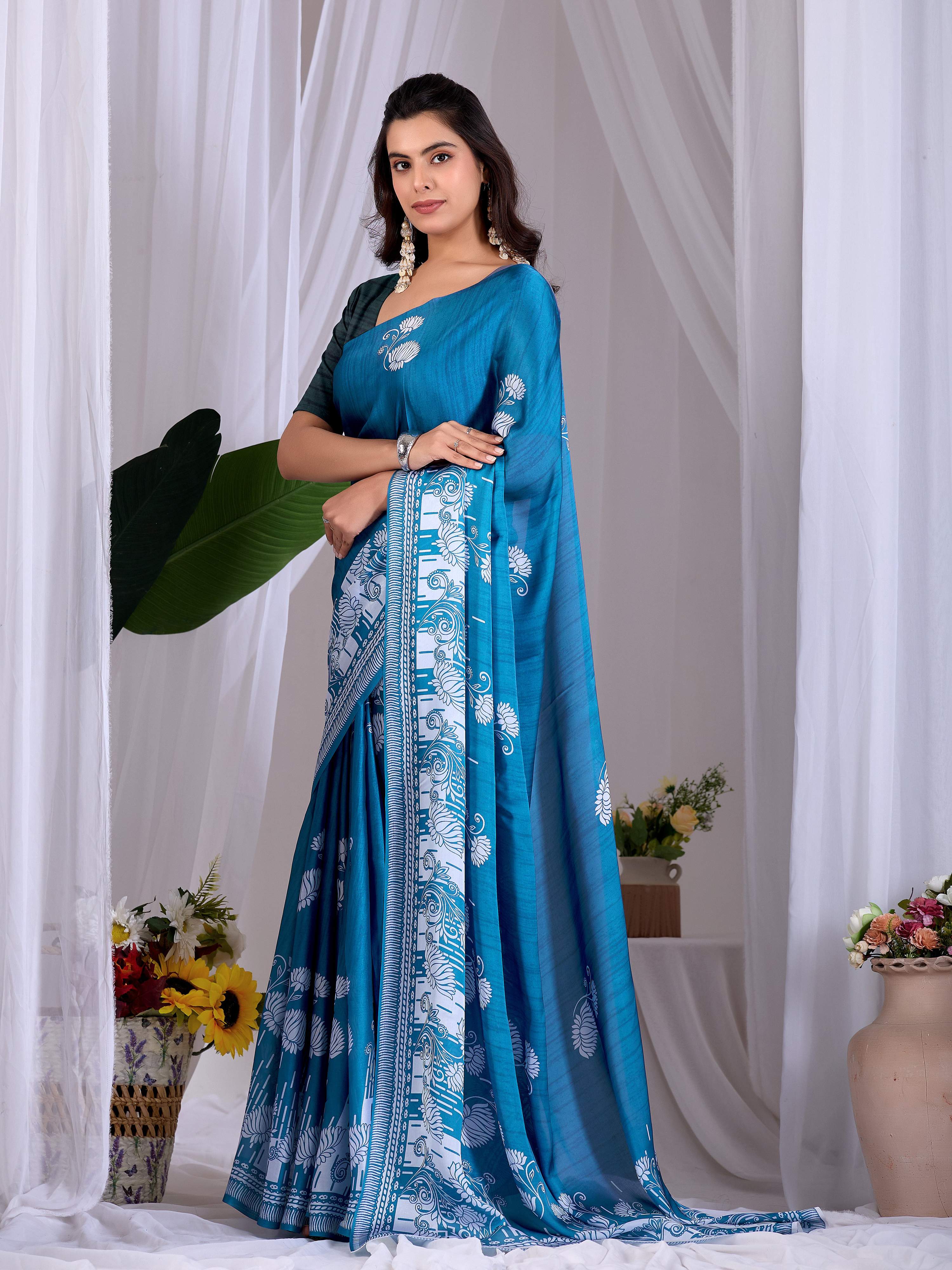 Aastha Fashion Teal Blue Soft Satin Georgette Printed Saree | Grocsy