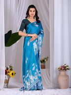 Aastha Fashion Teal Blue Soft Satin Georgette Printed Saree | Grocsy