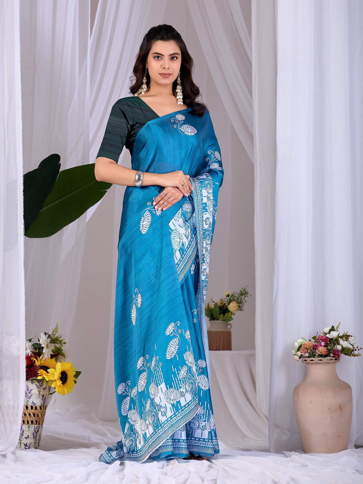 Aastha Fashion Teal Blue Soft Satin Georgette Printed Saree | Grocsy