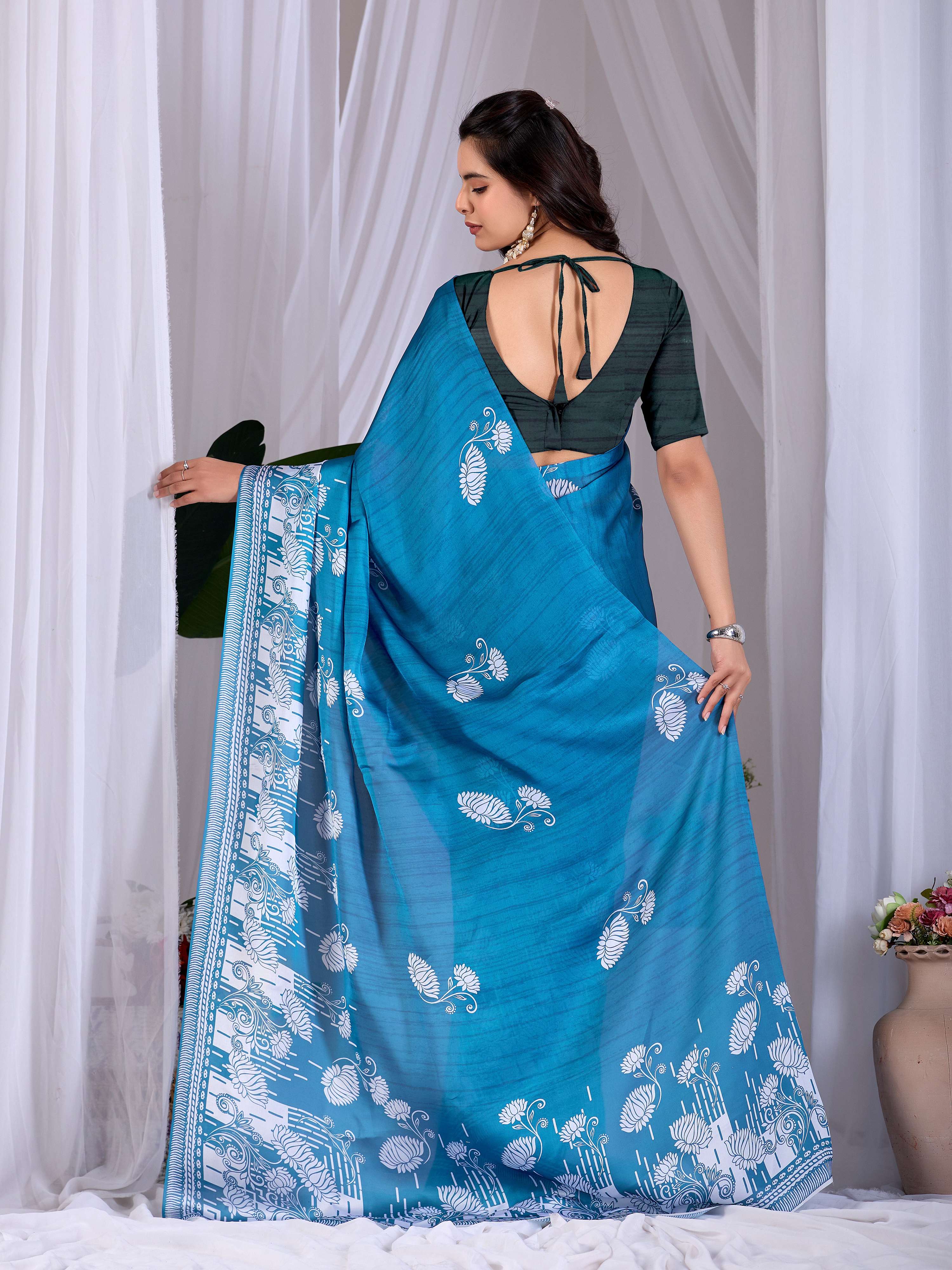 Aastha Fashion Teal Blue Soft Satin Georgette Printed Saree | Grocsy