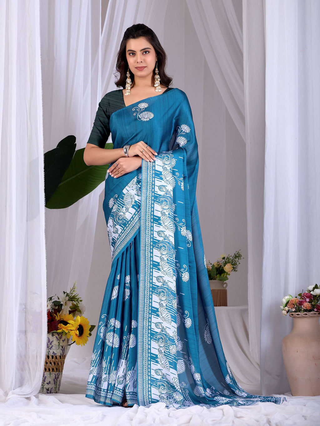Aastha Fashion Teal Blue Soft Satin Georgette Printed Saree | Grocsy