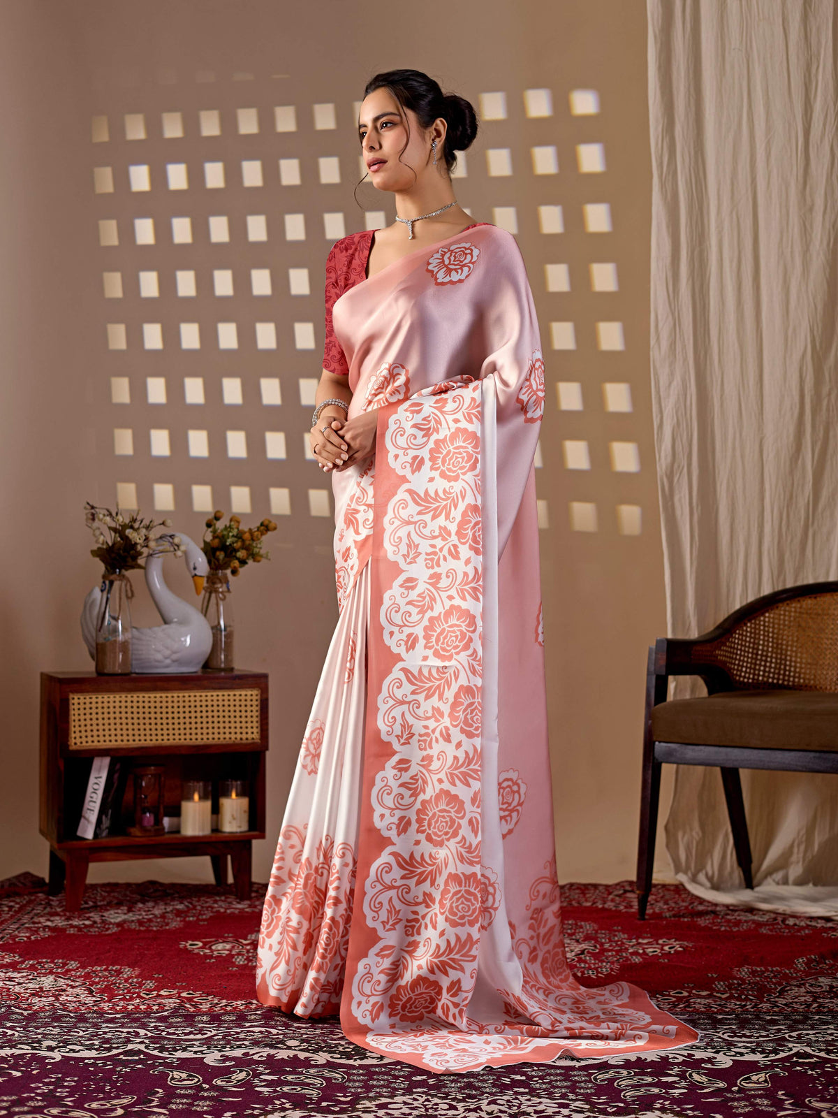 Aastha Fashion Peach Soft Satin Georgette Printed Saree | Grocsy