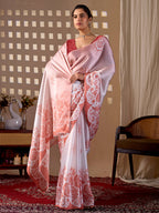 Aastha Fashion Peach Soft Satin Georgette Printed Saree | Grocsy