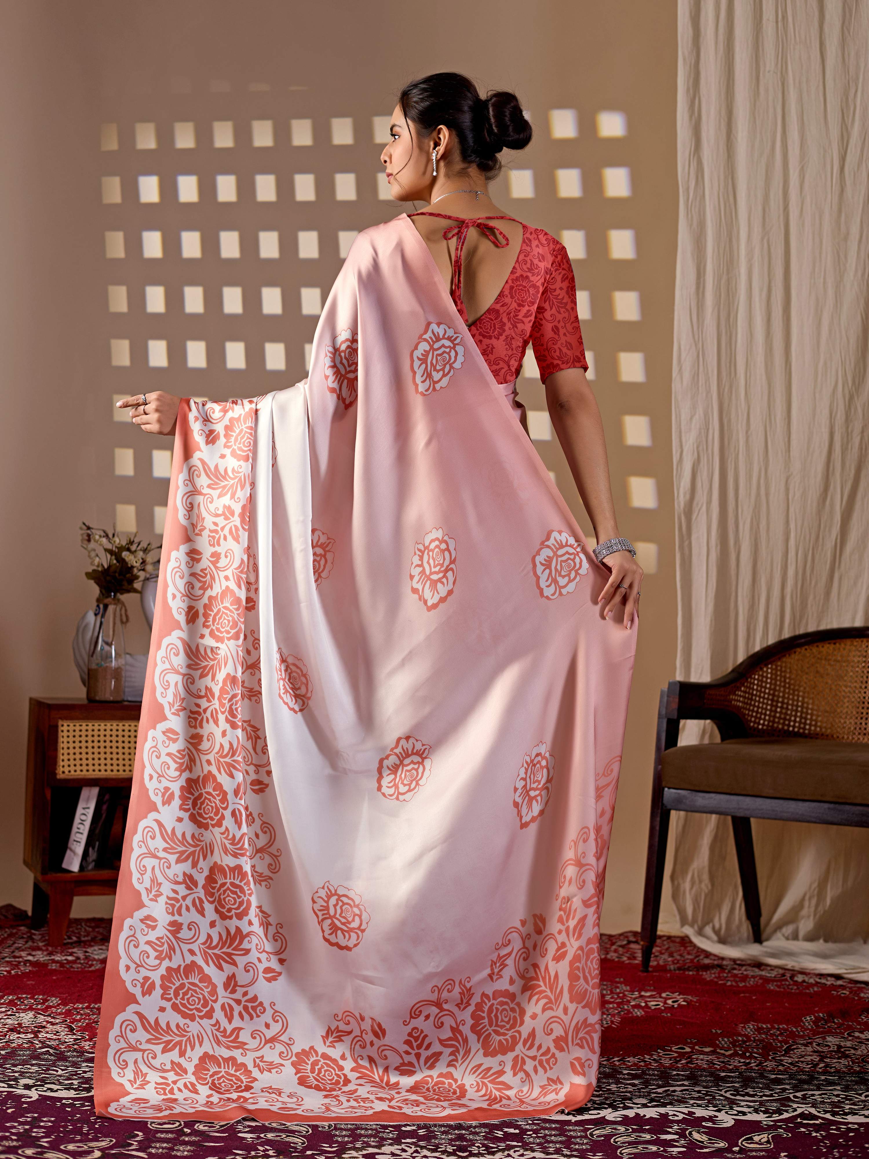 Aastha Fashion Peach Soft Satin Georgette Printed Saree | Grocsy