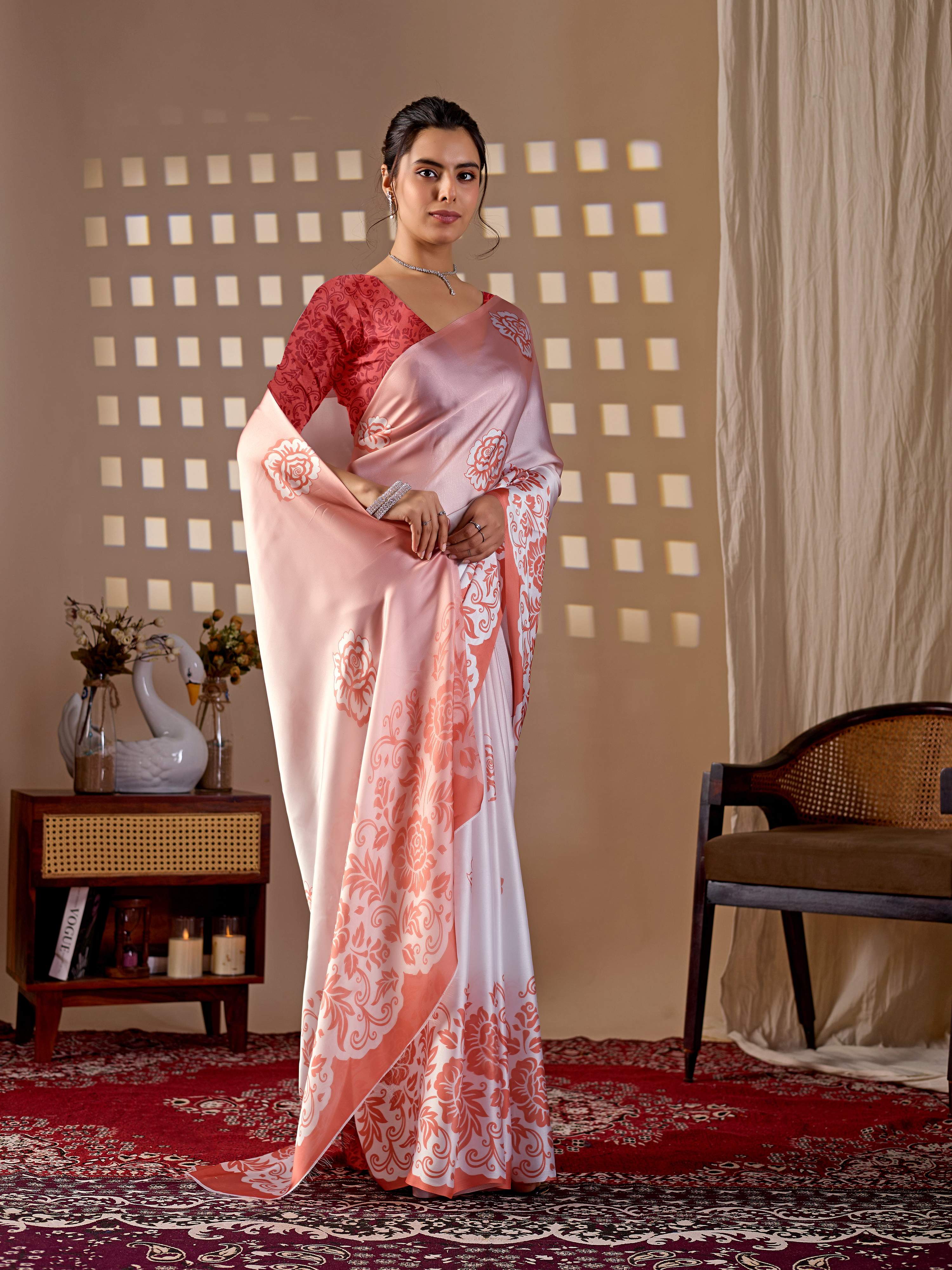 Aastha Fashion Peach Soft Satin Georgette Printed Saree | Grocsy