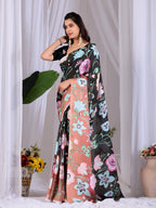 Aastha Fashion Black Soft Satin Georgette Printed Saree | Grocsy
