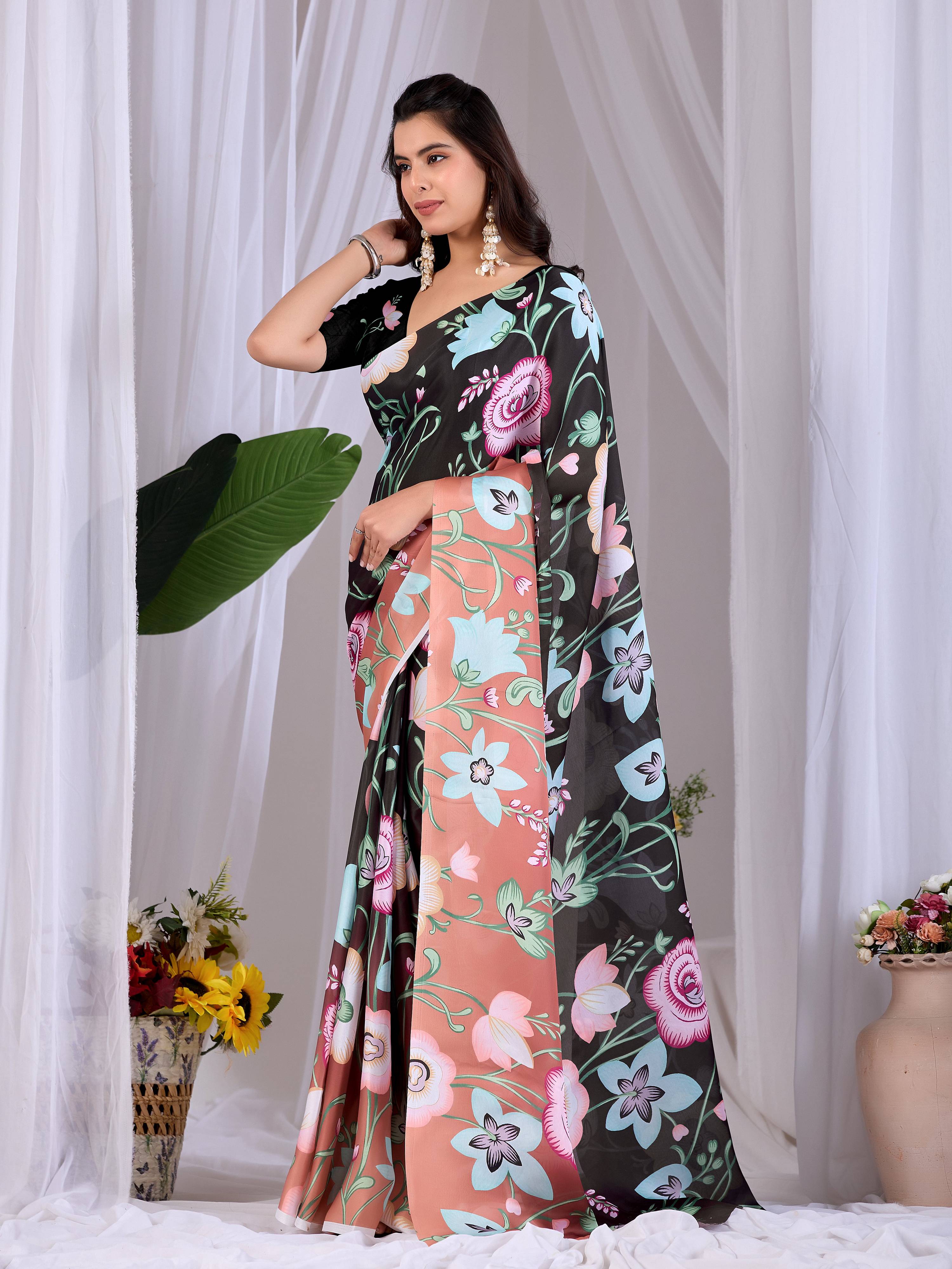 Aastha Fashion Black Soft Satin Georgette Printed Saree | Grocsy