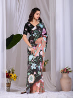 Aastha Fashion Black Soft Satin Georgette Printed Saree | Grocsy