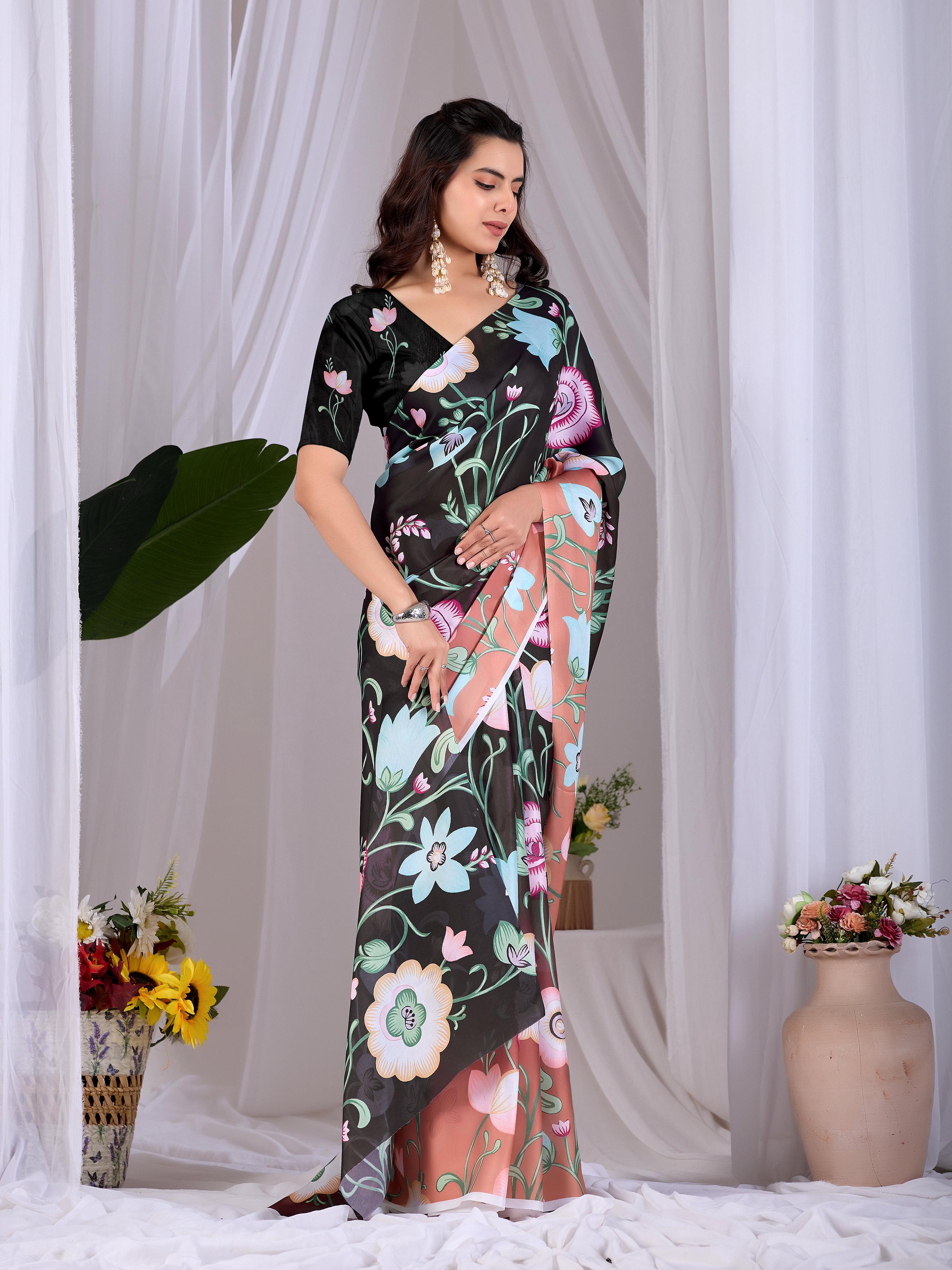 Aastha Fashion Black Soft Satin Georgette Printed Saree | Grocsy