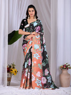 Aastha Fashion Black Soft Satin Georgette Printed Saree | Grocsy