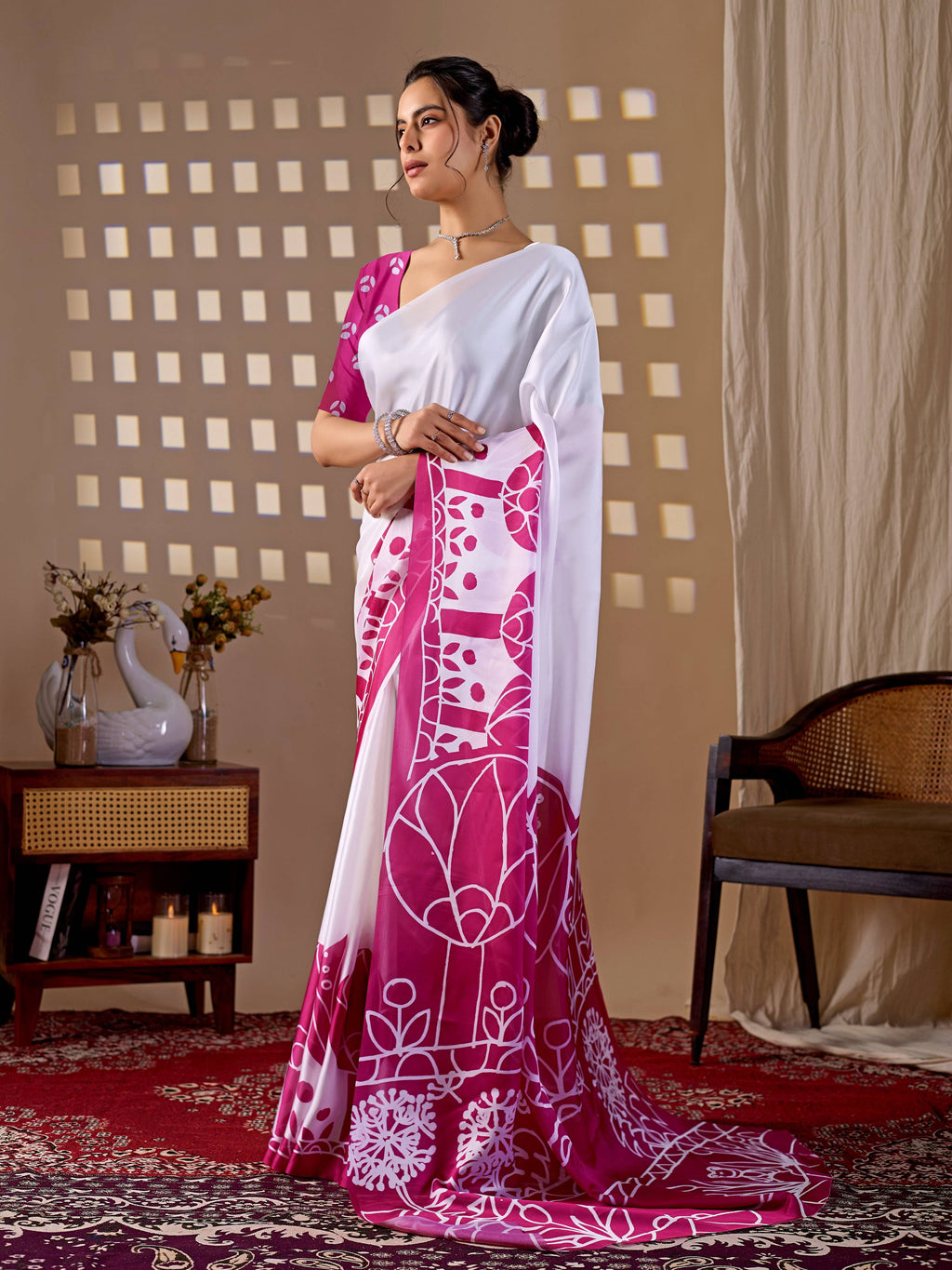 Aastha Fashion White Soft Satin Georgette Printed Saree | Grocsy