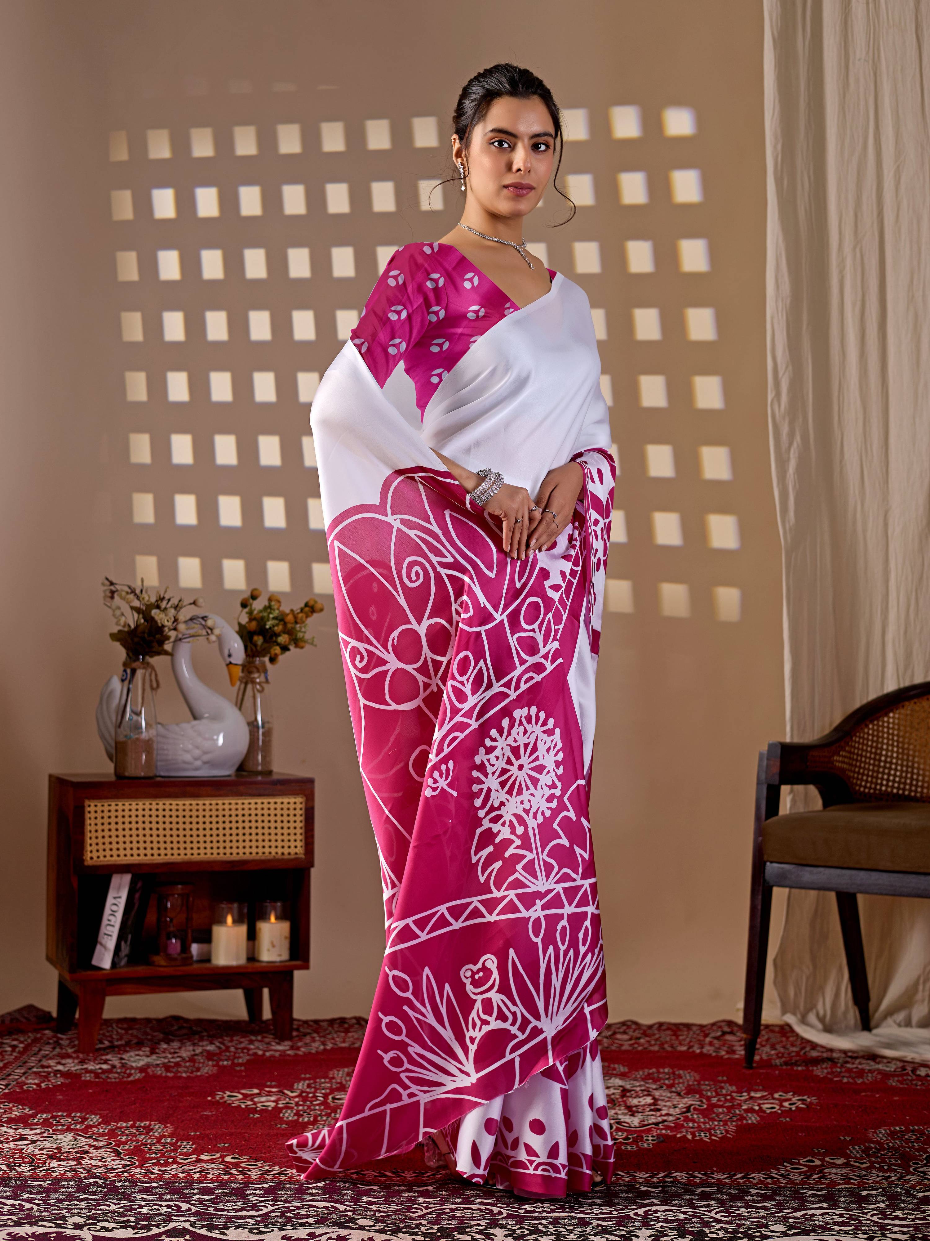 Aastha Fashion White Soft Satin Georgette Printed Saree | Grocsy