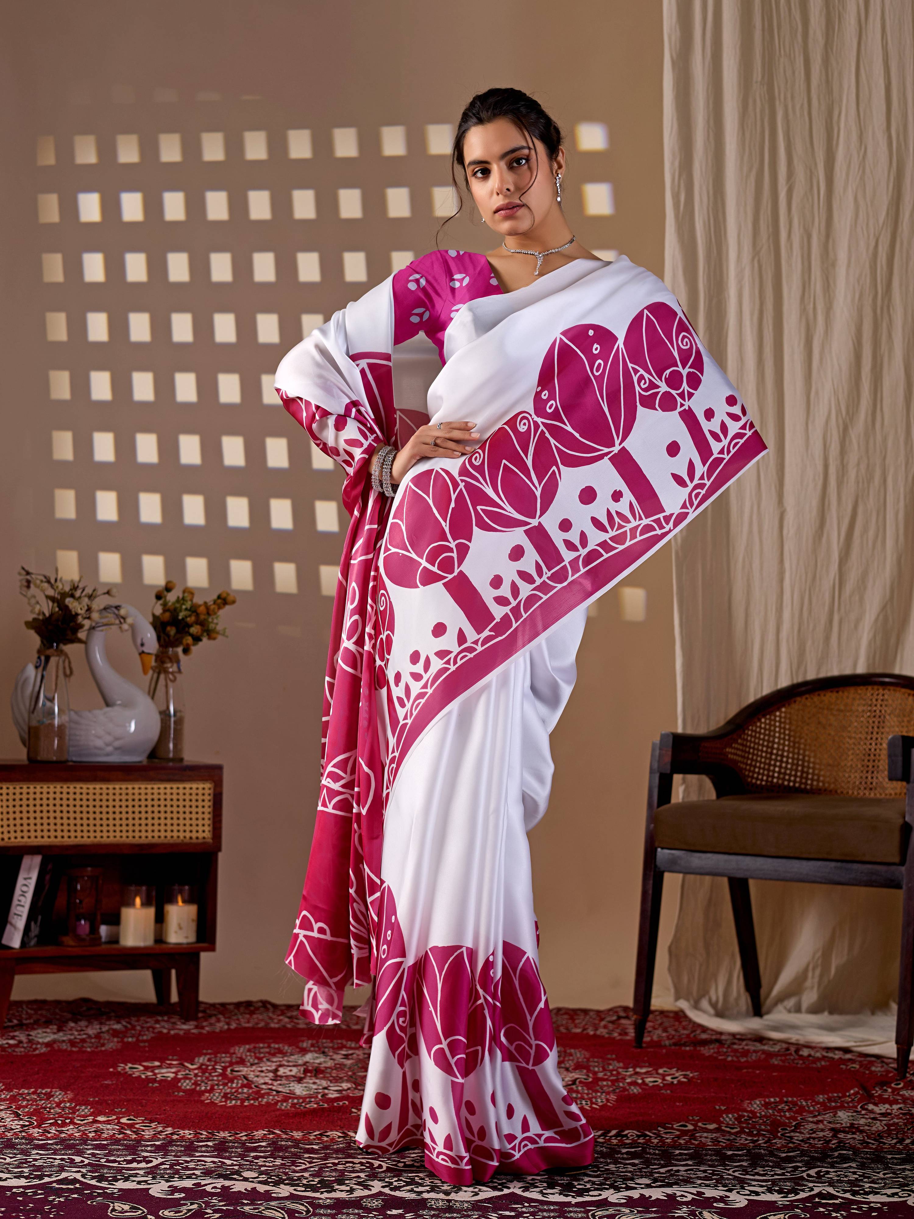 Aastha Fashion White Soft Satin Georgette Printed Saree | Grocsy