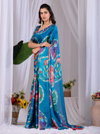 Aastha Fashion Teal Soft Satin Georgette Printed Saree | Grocsy