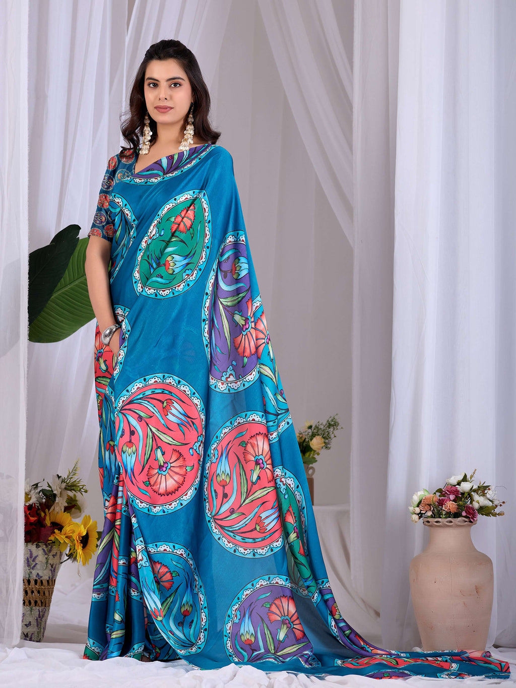Aastha Fashion Teal Soft Satin Georgette Printed Saree | Grocsy