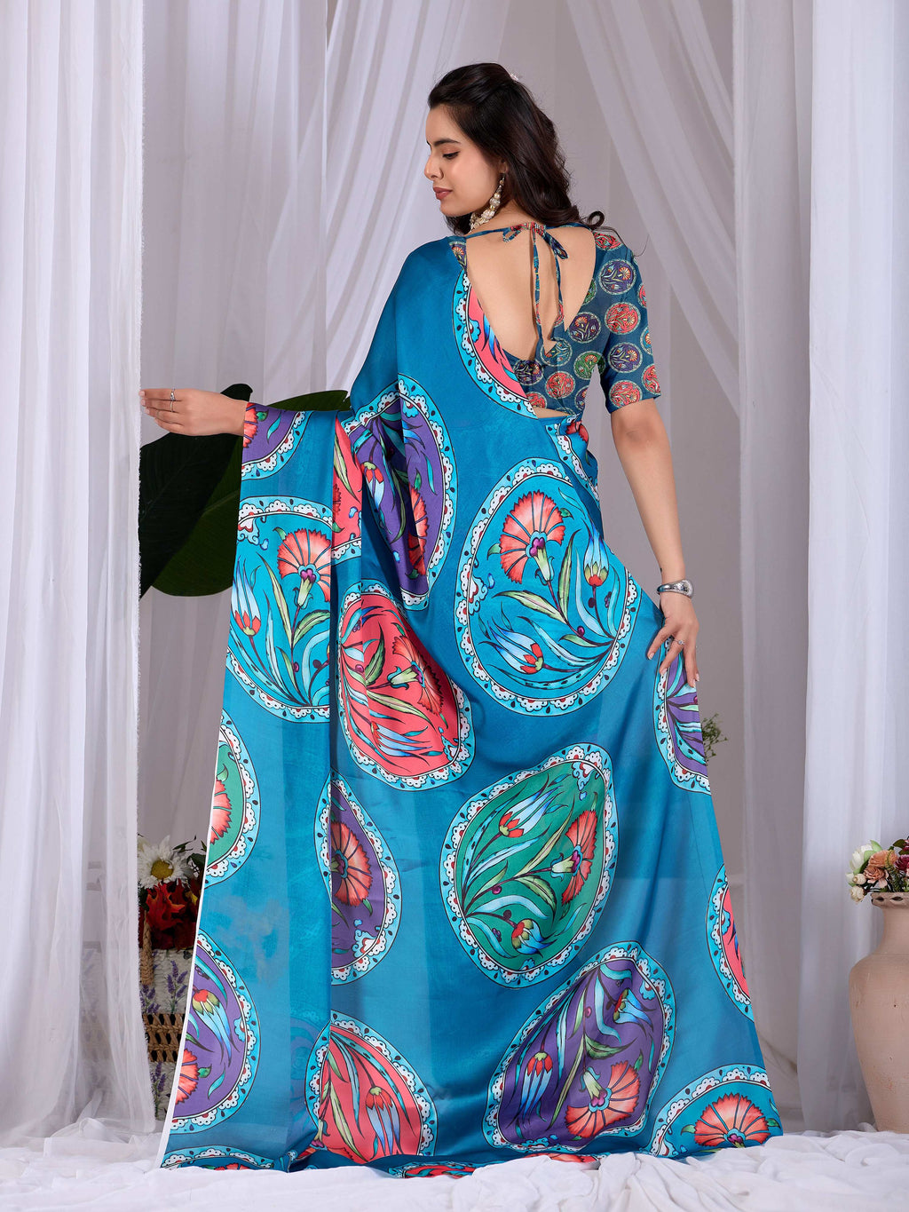 Aastha Fashion Teal Soft Satin Georgette Printed Saree | Grocsy