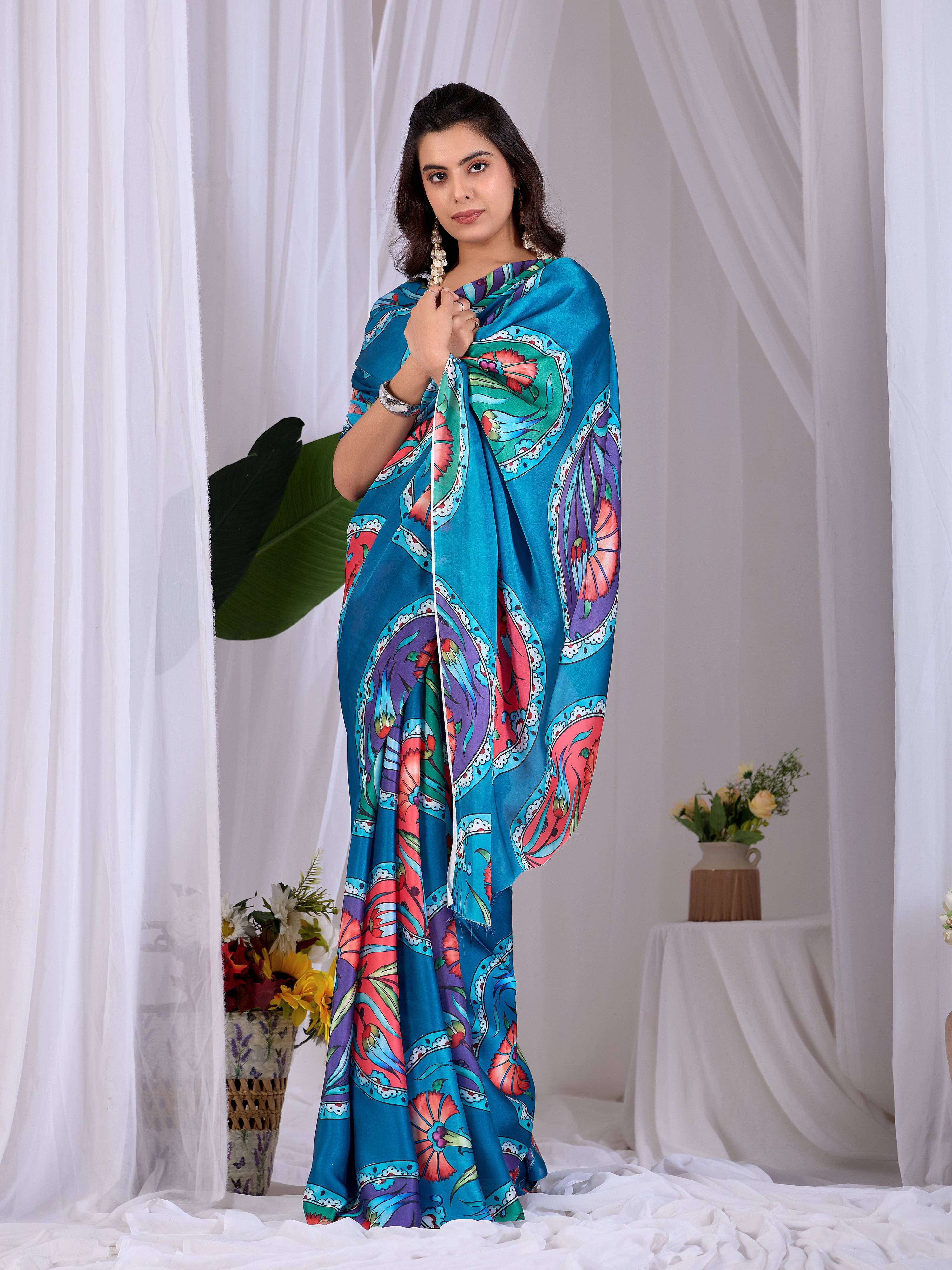 Aastha Fashion Teal Soft Satin Georgette Printed Saree | Grocsy