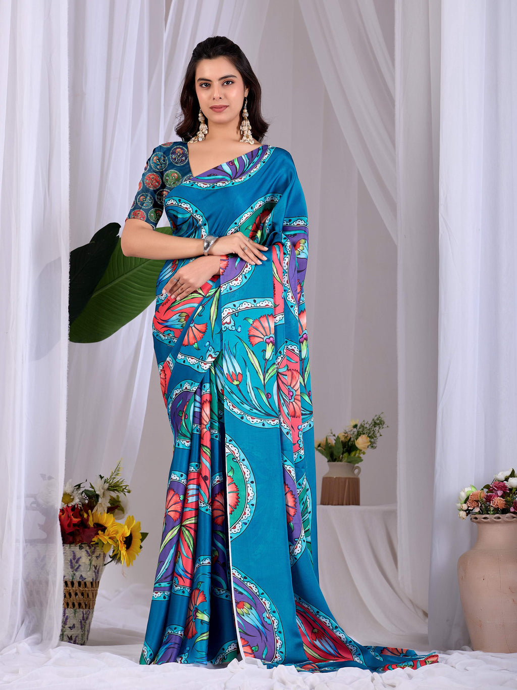 Aastha Fashion Teal Soft Satin Georgette Printed Saree | Grocsy