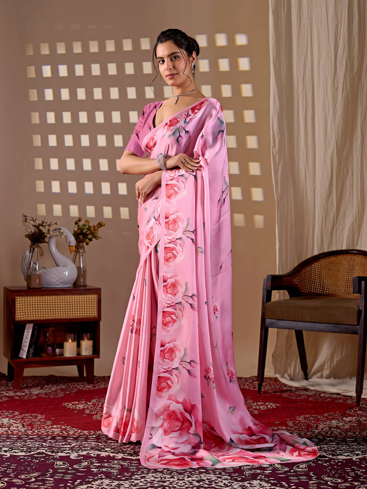 Aastha Fashion Pink Soft Satin Georgette Printed Saree | Grocsy