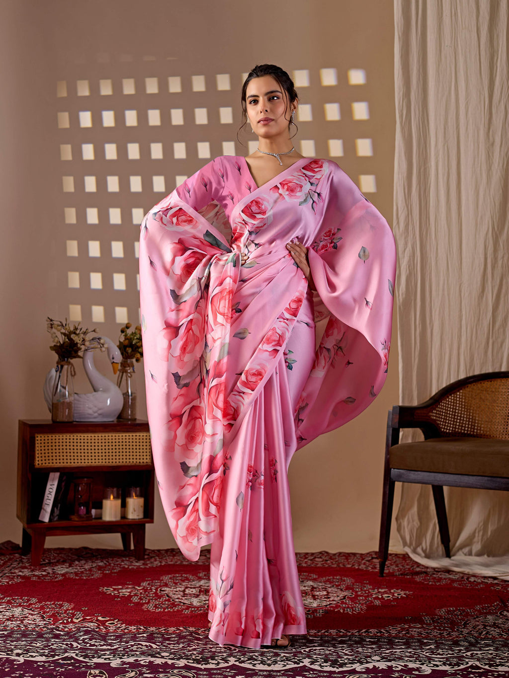 Aastha Fashion Pink Soft Satin Georgette Printed Saree | Grocsy