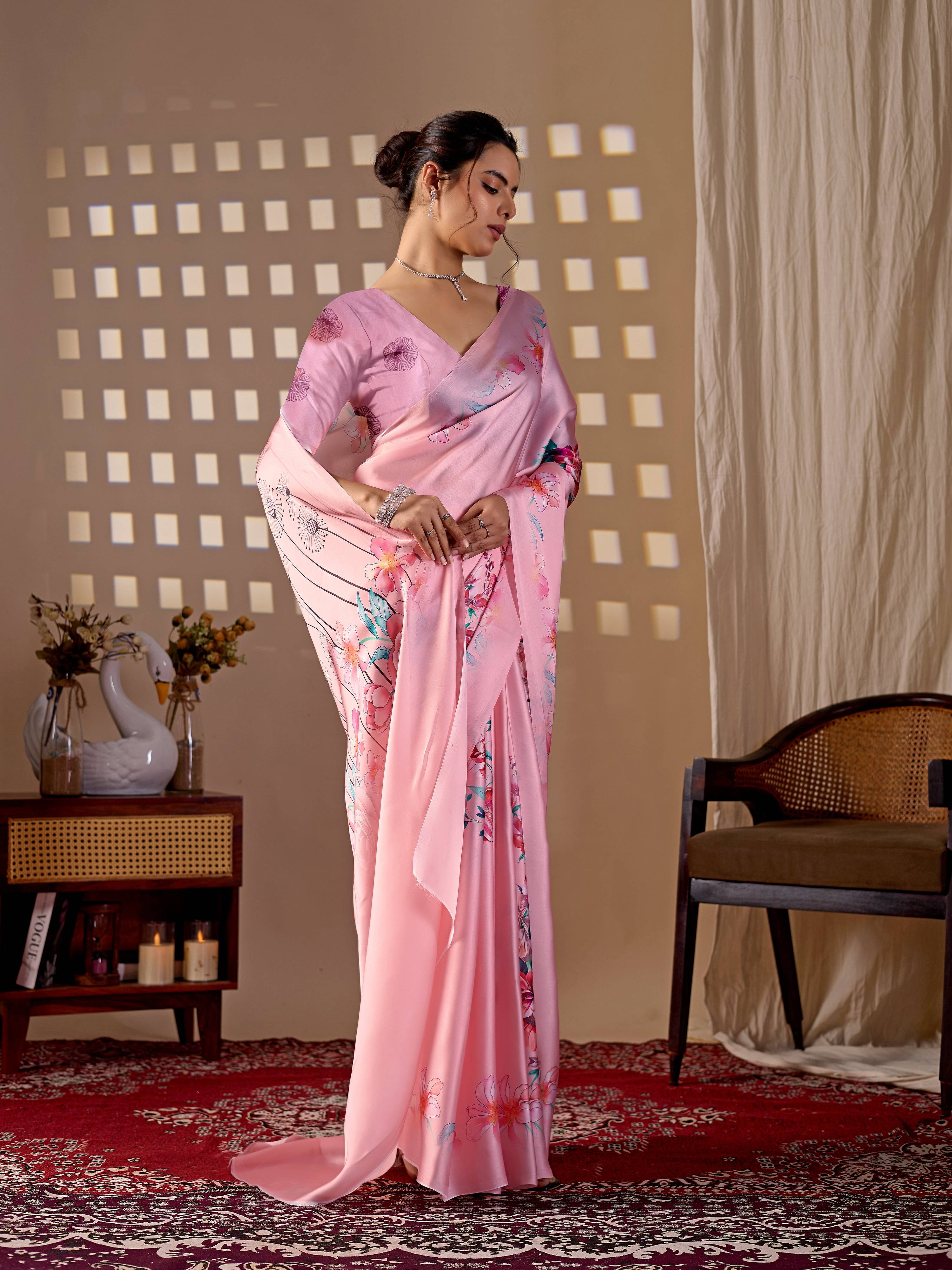 Aastha Fashion Pink Soft Satin Georgette Printed Saree | Grocsy