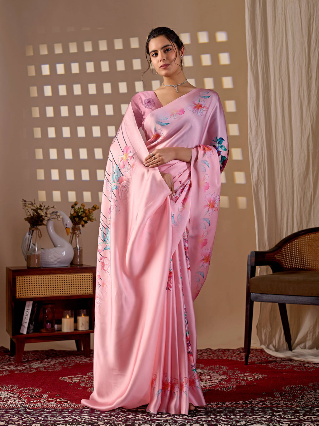 Aastha Fashion Pink Soft Satin Georgette Printed Saree | Grocsy