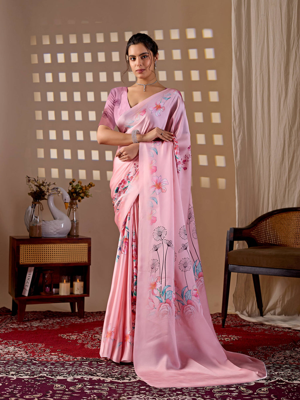 Aastha Fashion Pink Soft Satin Georgette Printed Saree | Grocsy