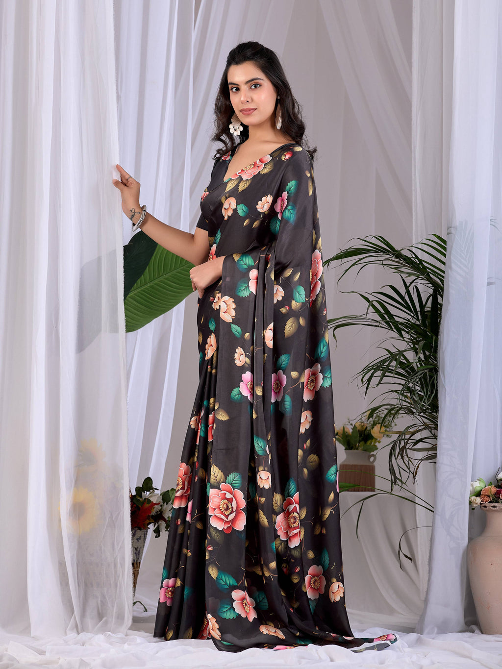 Aastha Fashion Black Soft Satin Georgette Printed Saree | Grocsy