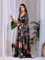 Aastha Fashion Black Soft Satin Georgette Printed Saree | Grocsy