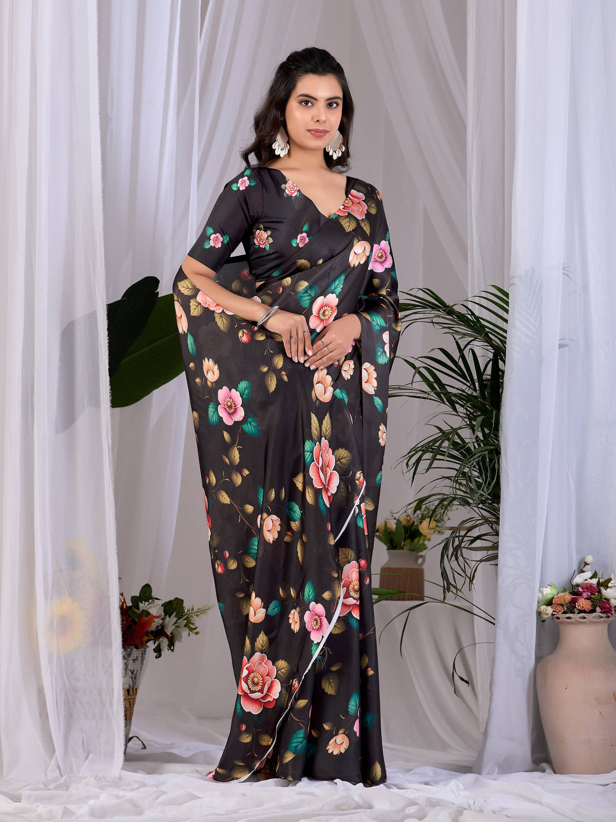 Aastha Fashion Black Soft Satin Georgette Printed Saree | Grocsy
