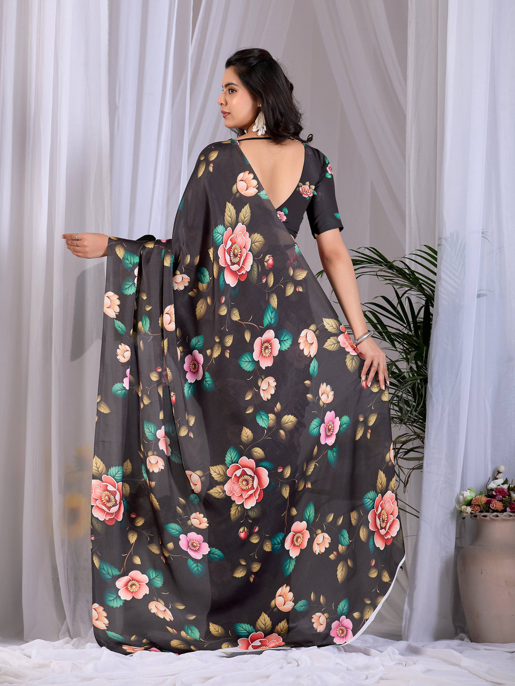 Aastha Fashion Black Soft Satin Georgette Printed Saree | Grocsy