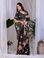 Aastha Fashion Black Soft Satin Georgette Printed Saree | Grocsy