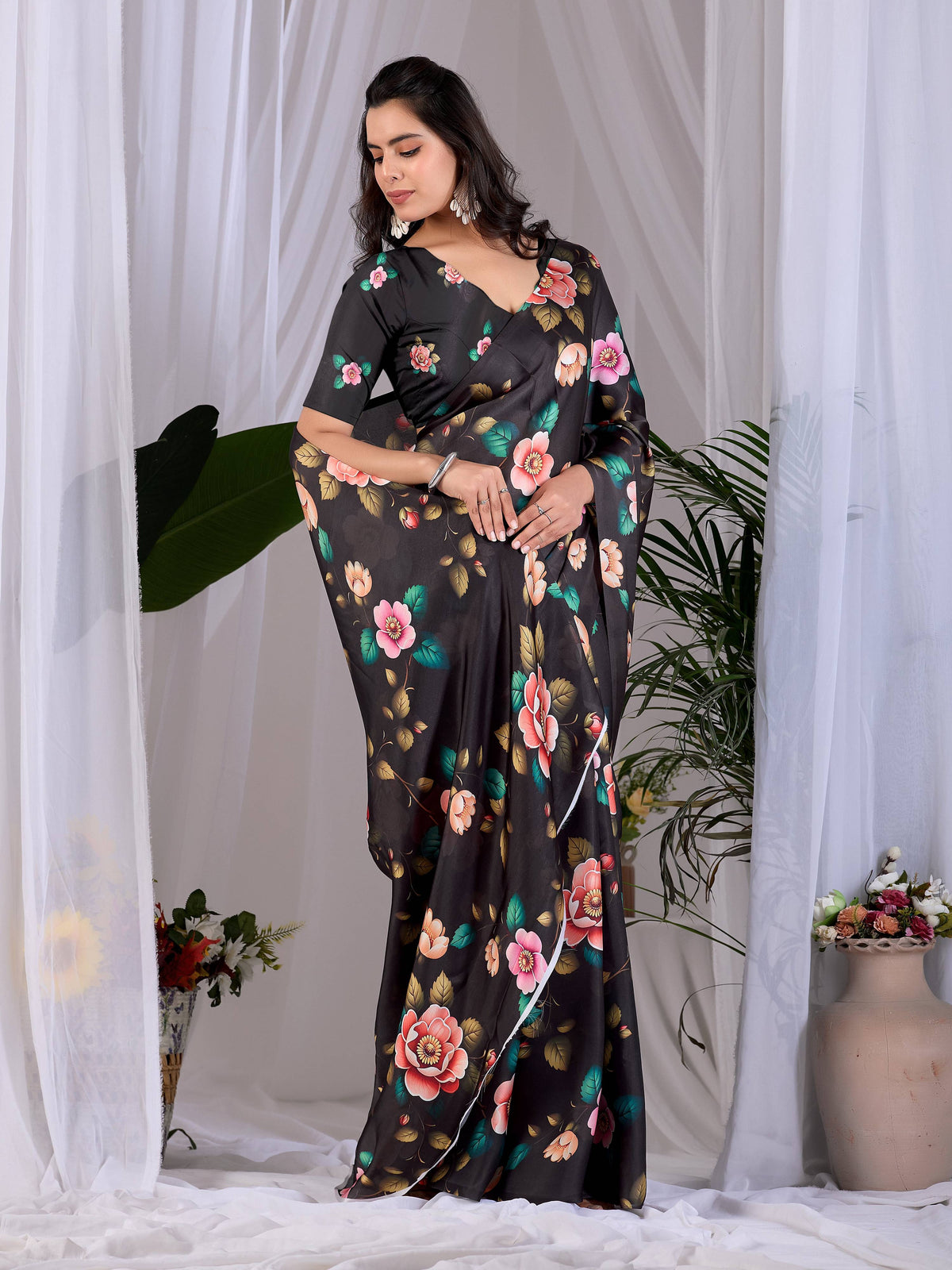 Aastha Fashion Black Soft Satin Georgette Printed Saree | Grocsy