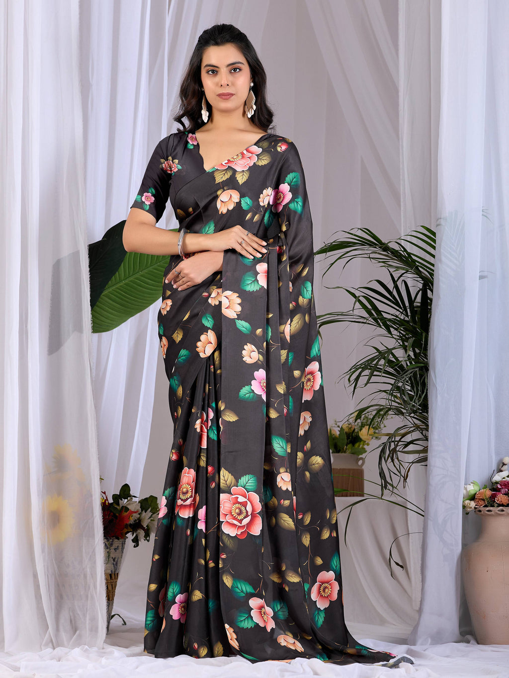 Aastha Fashion Black Soft Satin Georgette Printed Saree | Grocsy