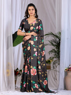 Aastha Fashion Black Soft Satin Georgette Printed Saree | Grocsy