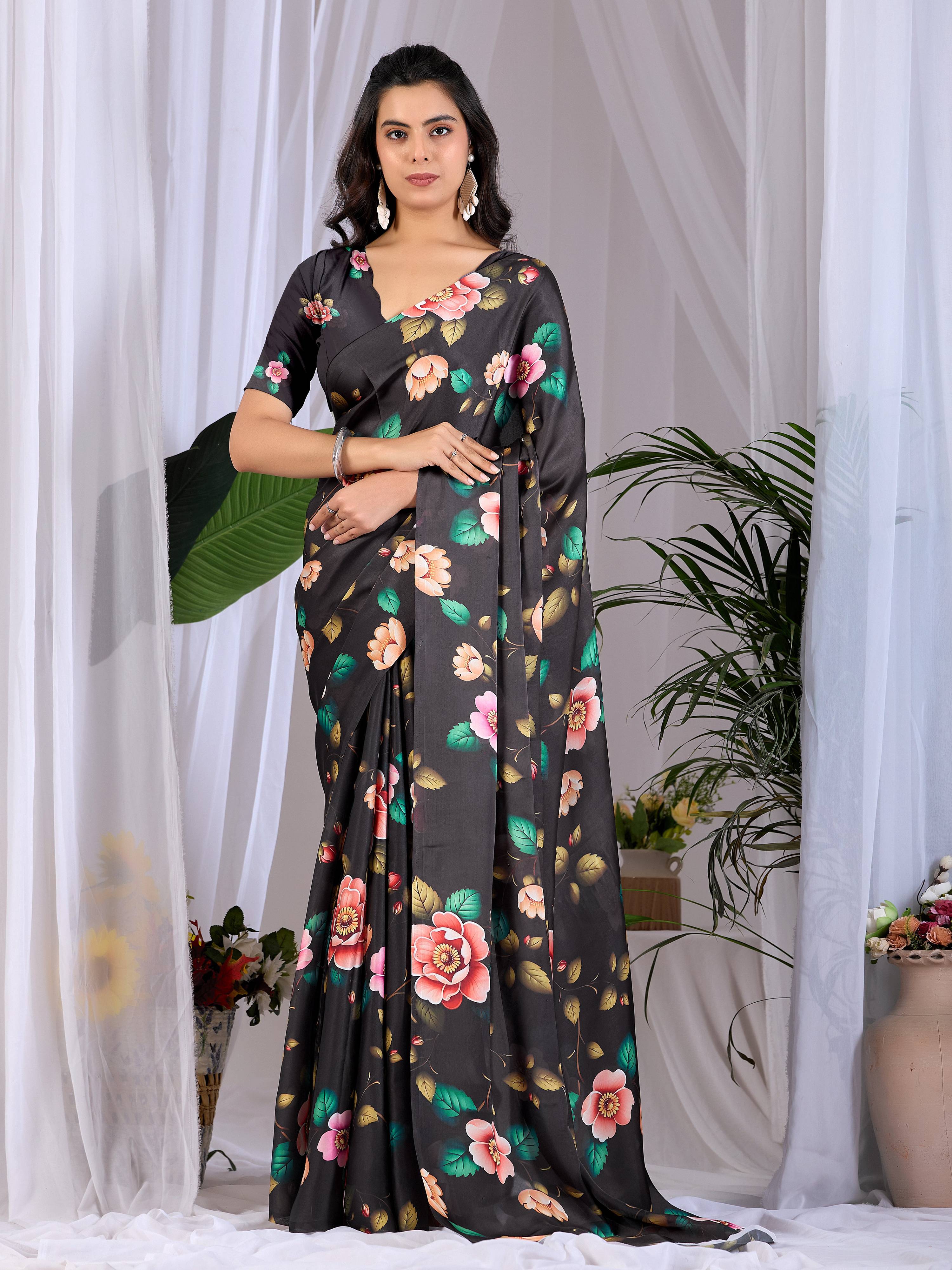Aastha Fashion Black Soft Satin Georgette Printed Saree | Grocsy