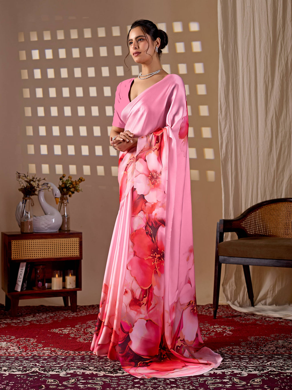 Aastha Fashion Pink Soft Satin Georgette Printed Saree | Grocsy
