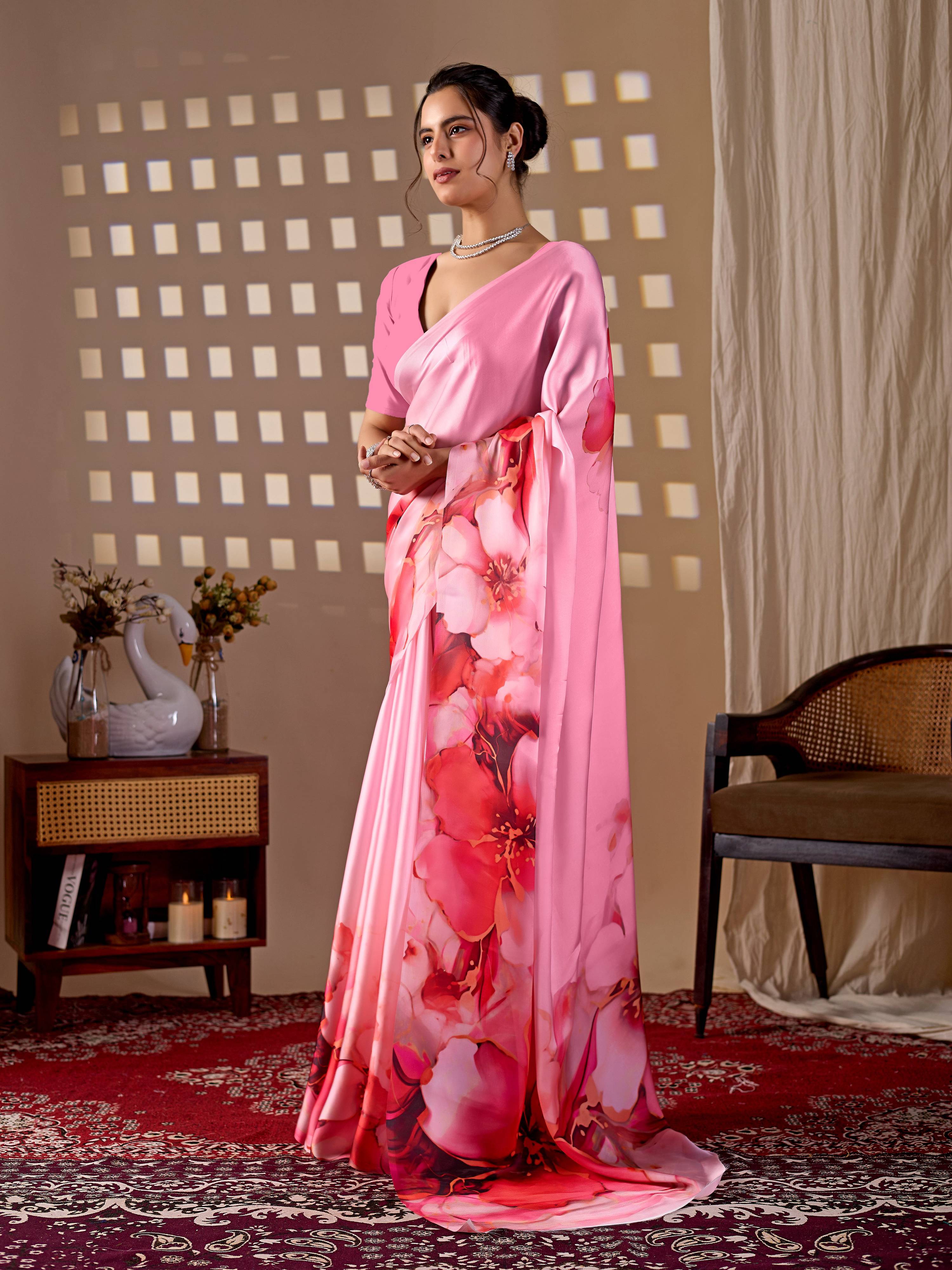 Aastha Fashion Pink Soft Satin Georgette Printed Saree | Grocsy