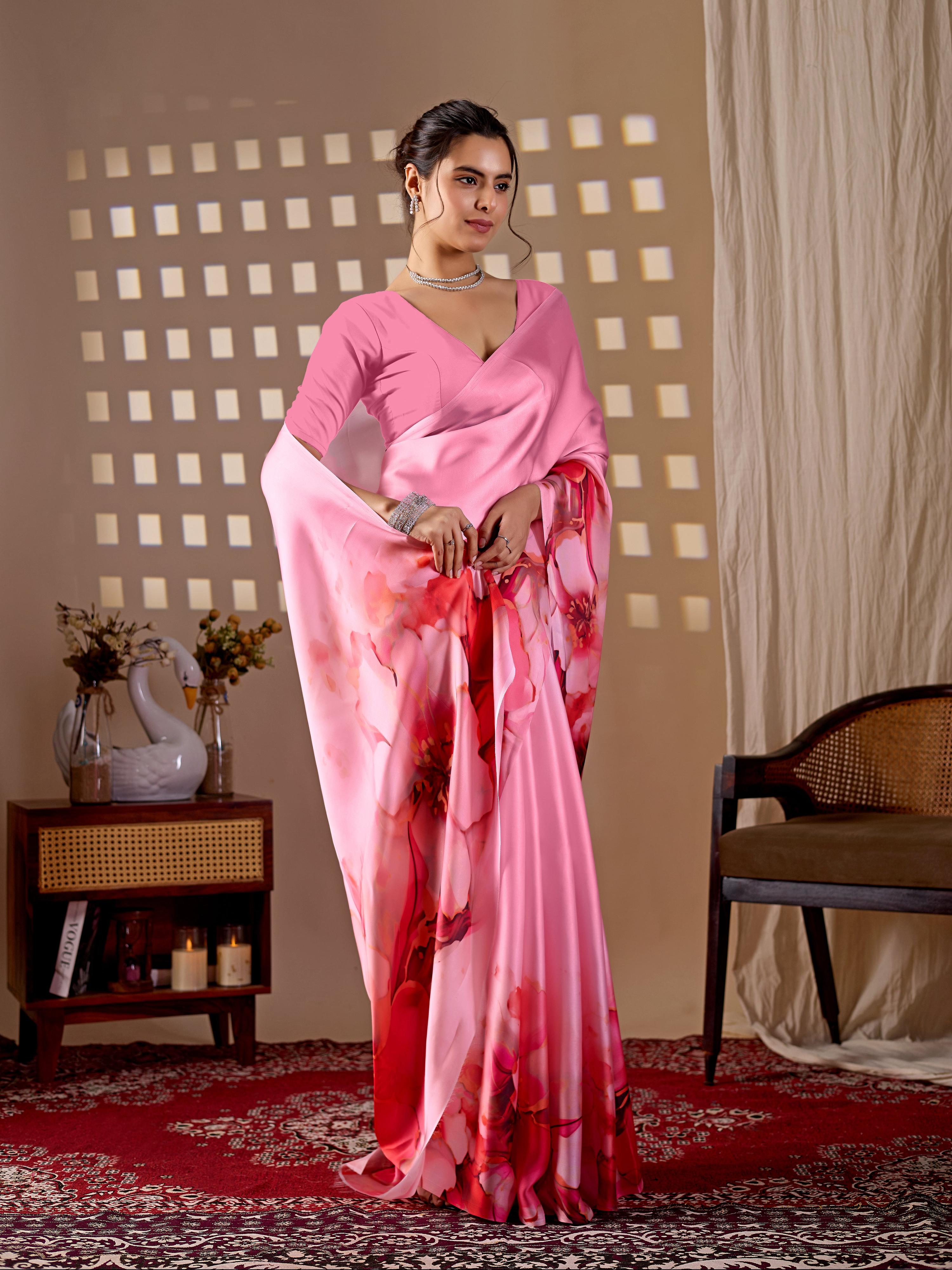 Aastha Fashion Pink Soft Satin Georgette Printed Saree | Grocsy